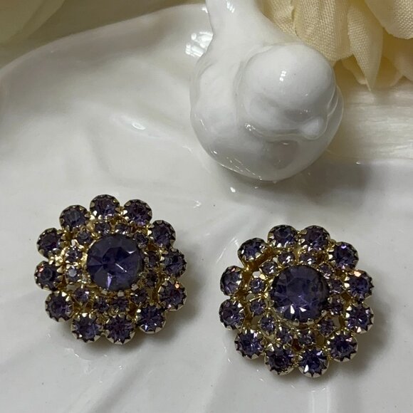 WEISS FAUX AMETHYST RHINESTONE CLIP EARRINGS - Picture 1 of 9